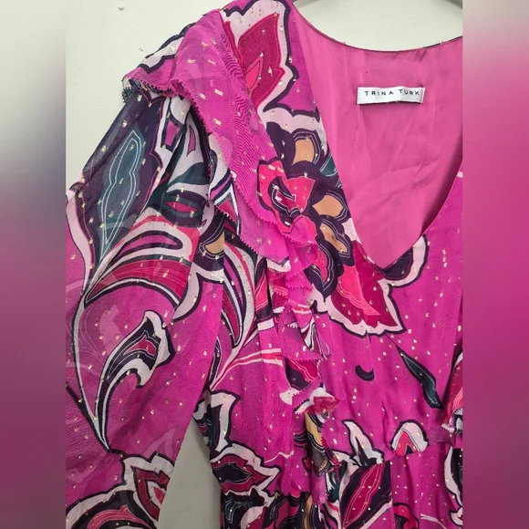 Trina Turk Saka Floral Silk Drrss Large - Picture 4 of 7
